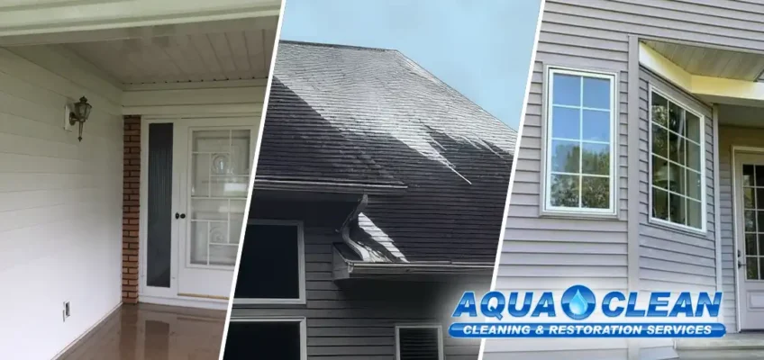 3-image collage of a freshly soft washed front porch area with white vinyl siding and birck, a roof with soft washing solution running down it, a clean home exterior with grey siding.
