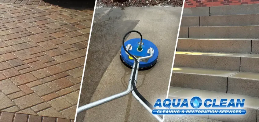 3-part collage of a brown brick paver driveway, a blue rotary surface cleaner on a half cleaned concrete driveway, and freshly pressure washed concrete steps.