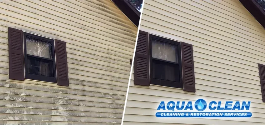 Side-by-side before & after images of mildew covered home vinyl siding and the same vinyl siding looking perfectly clean post House Soft Washing service.
